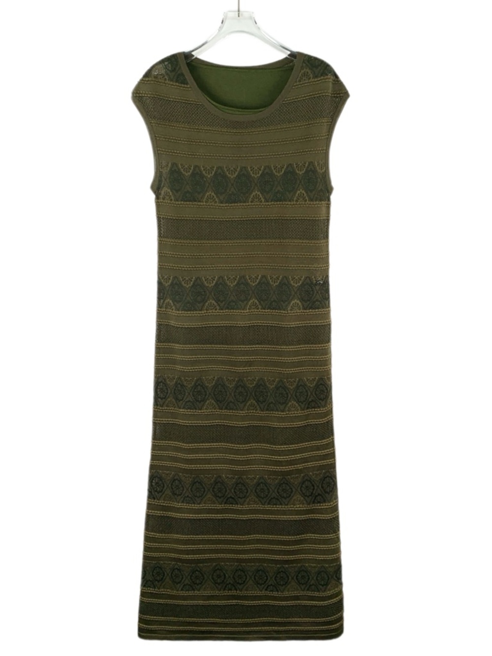 Chanel Dark Green Striped Jacquard Mulberry Silk Sleeveless Knit Dress